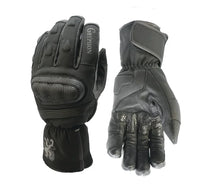 Pair of Gryphon Amazon Waterproof Motorcycle black gloves with text on a white background