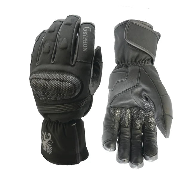 Pair of Gryphon Amazon Waterproof Motorcycle black gloves with text on a white background