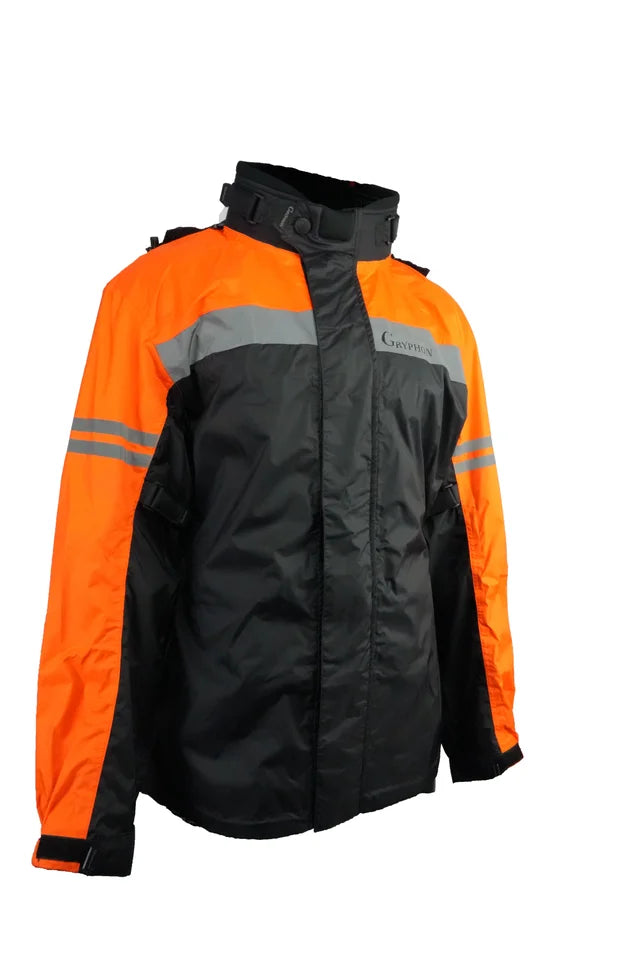 Gryphon Coastal Orange and black  motorcycle rain jacket with reflective stripes on a white background
