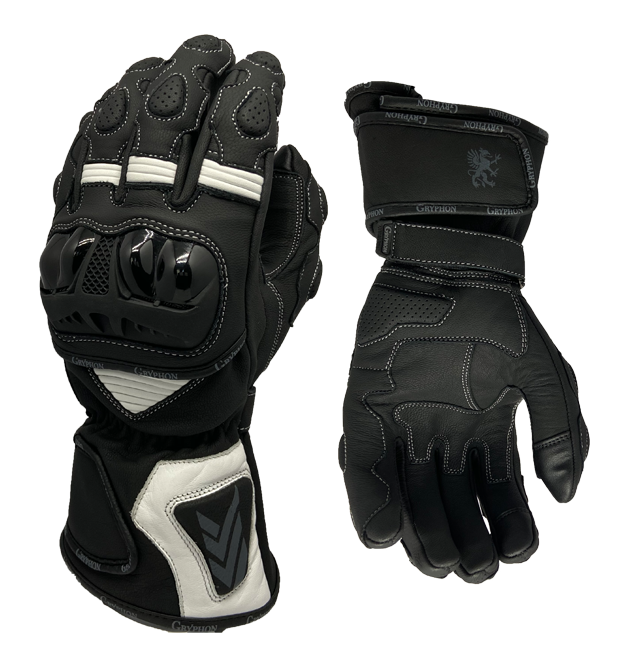 A pair of Gryphon leather motorcycle gloves, predominantly black with white and gray accents, featuring adjustable gauntlet cuffs and TPU knuckle protectors.