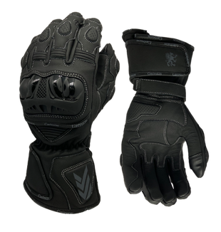 Gryphon Deals Gap Leather Motorcycle Gloves in black shown from the knuckle and palm sides, featuring premium leather construction, hard knuckle armor, reinforced palm protection, extended gauntlet cuffs, and adjustable wrist closures for sport, touring, and all-season motorcycle riding.
