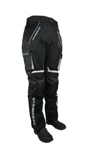 Black Gryphon men's HI-FLO motorcycle pants with reflective stripes on a white background