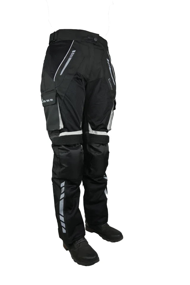 Black Gryphon men's HI-FLO motorcycle pants with reflective stripes on a white background