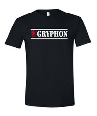 Black t-shirt with 'Gryphon' logo on a white background