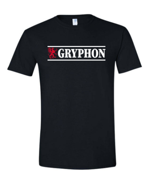 Black t-shirt with 'Gryphon' logo on a white background