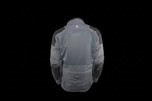 Gryphon Men's BADWATER 2-in-1 Waterproof Mesh Motorcycle Jacket in Grey shown from the rear, featuring a large abrasion-resistant mesh back panel for airflow, reinforced shoulder and elbow protection areas, lower rear storage pocket, and a touring fit designed for adventure, commuting, and warm-weather motorcycle riding.
