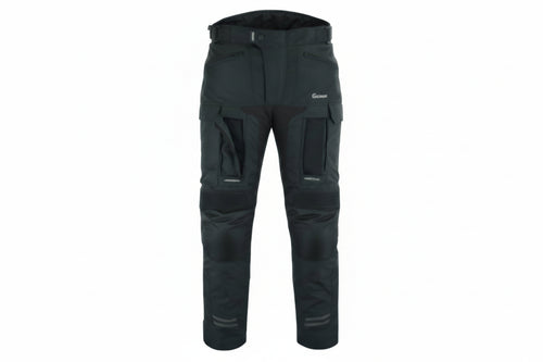 A pair of Gryphon Men's INDY waterproof motorcycle pants featuring a black color, large cargo pockets, venting panels, and designed for abrasion resistance.