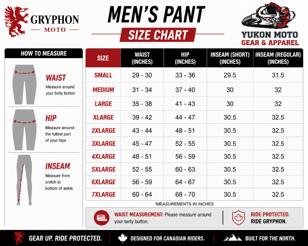 Gryphon Men's PACIFIC COAST 2 Waterproof Motorcycle Pants Canada Size Chart