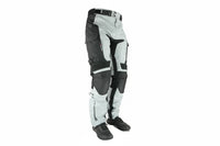 A pair of Gryphon Men's PACIFIC COAST waterproof motorcycle pants in black and gray, featuring knee armor and a belt.