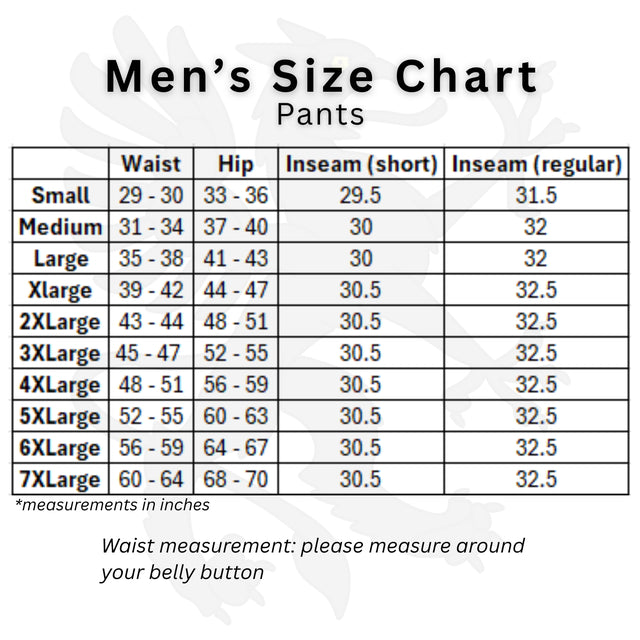 Gryphon Men's motorcycle Pants Chart in inches