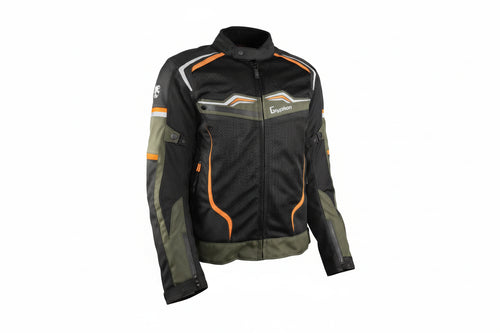 A Gryphon men's TUSCON Mesh Transition Motorcycle Jacket in black with green accents and reflective safety elements, displayed against a plain background.