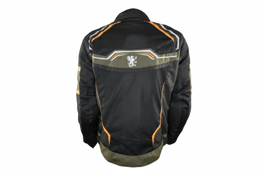 Gryphon Men's TUSCON Mesh Transition Jacket in black green and orange back side with Gryphon Image on a white background