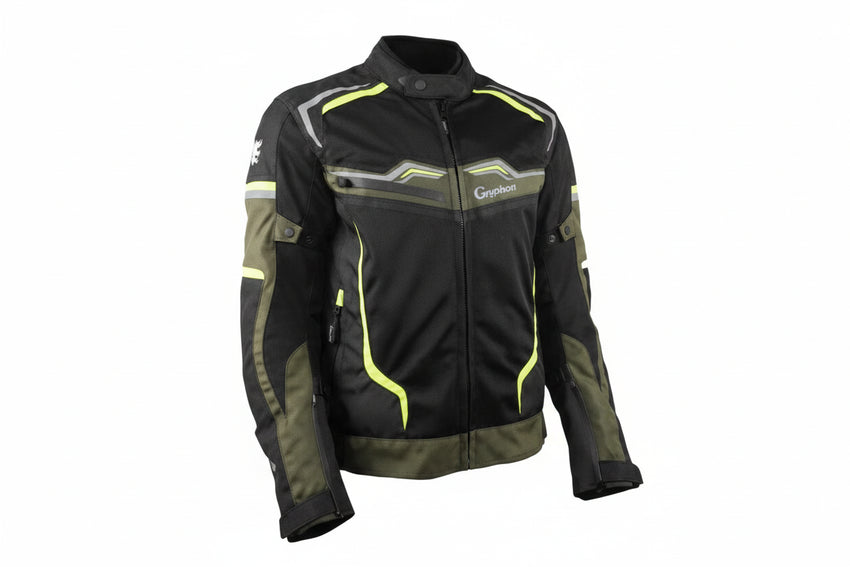 Gryphon Men's TUSCON Mesh Transition Jacket in Black Olive Green and Hi Viz Yellow on a white background