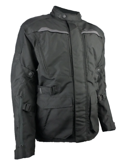 Gryphon Men's Wanderer Waterproof Motorcycle Jacket Black adventure touring jacket with waterproof textile construction, reflective details, zippered ventilation, adjustable fit, large cargo pockets, and CE armour-ready design. Ideal for touring, commuting, and all-weather motorcycle riding across Canada.
