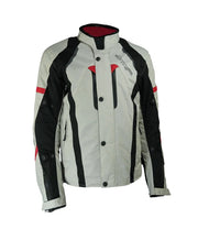 a Grey Gryphon Blue Ridge Motorcycle jacket with black and red accents on a white background