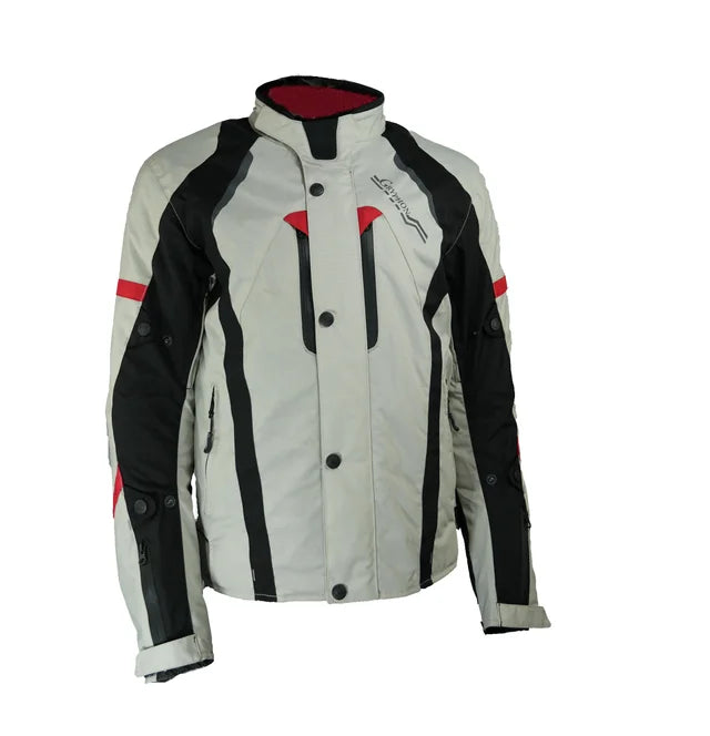 a Grey Gryphon Blue Ridge Motorcycle jacket with black and red accents on a white background