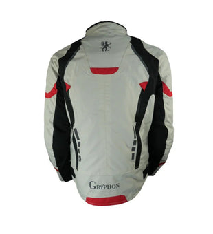 Gryphon Men's Blue Ridge Waterproof Motorcycle Jacket in Grey, Black, and Red shown from the rear. Features a longer touring cut, rear exhaust ventilation panel, reflective detailing, adjustable waist, articulated sleeves, and abrasion-resistant textile construction for all-weather adventure touring, commuting, and long-distance motorcycle riding.