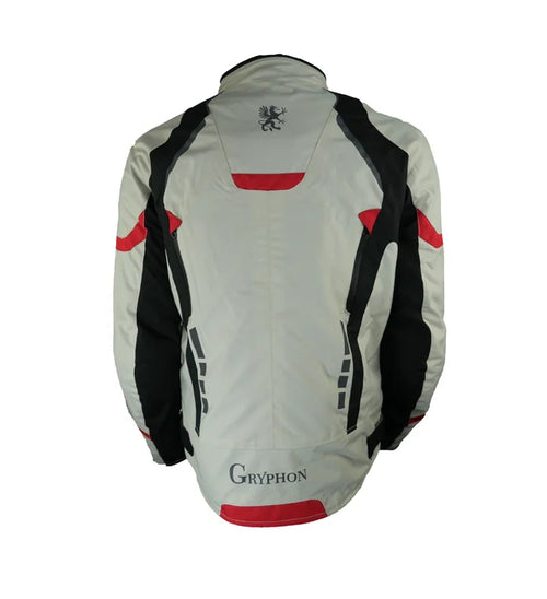 Gray Gryphon Blue Ridge Motorcycle jacket back side with black and red accents on a white background, featuring the Gryphon brand.