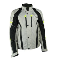 A grey Gryphon Blue Ridge Motorcycle jacket with black and hi viz design on a white background