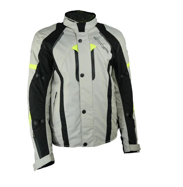A grey Gryphon Blue Ridge Motorcycle jacket with black and hi viz design on a white background
