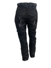 Black motorcycle pants with multiple pockets and zippers on a white background
