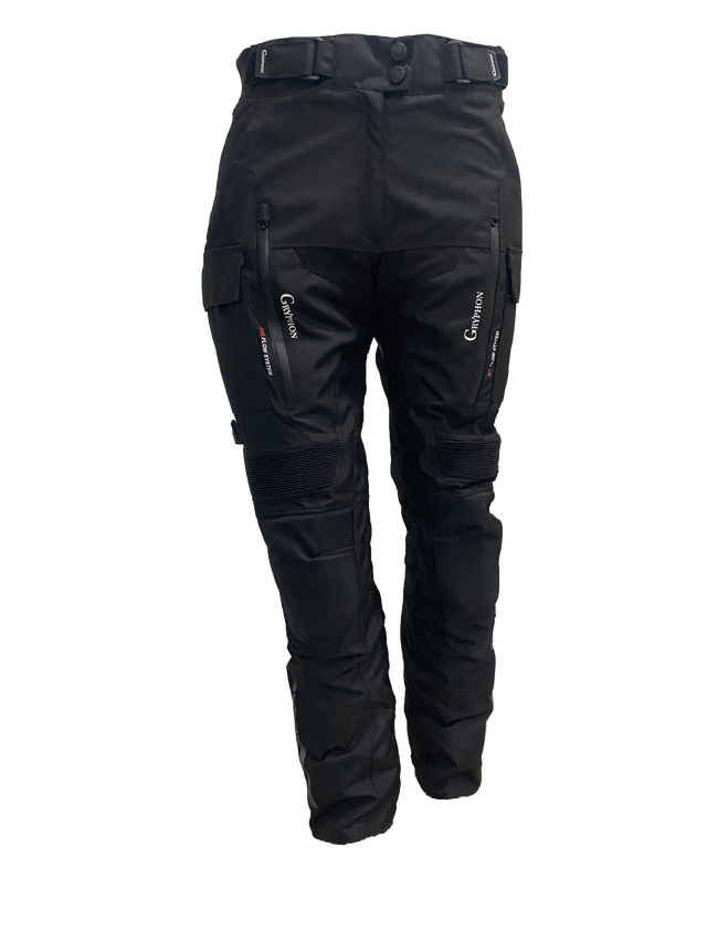 Black motorcycle pants with multiple pockets and zippers on a white background
