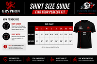 Gryphon Moto shirt size guide with measurement instructions and size chart.