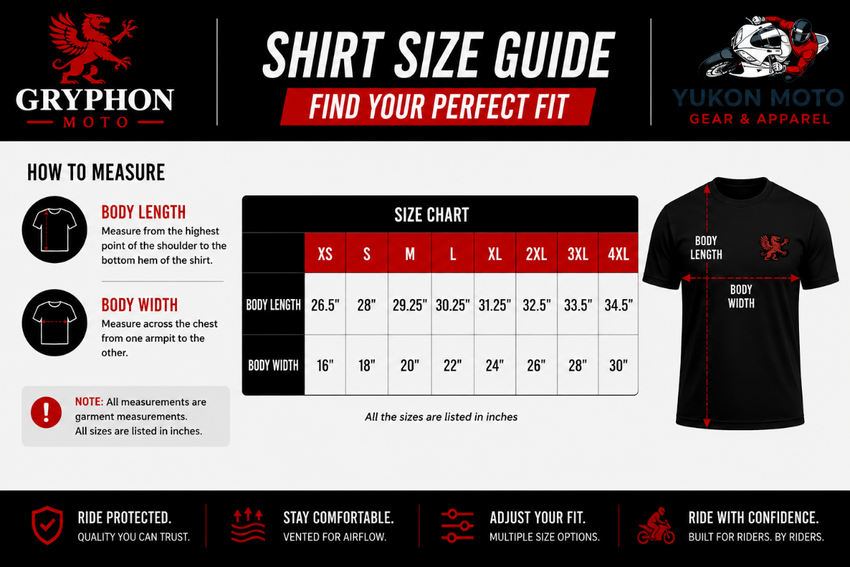 Gryphon Moto shirt size guide with measurement instructions and size chart.