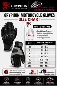 Gryphon Motorcycle Gloves Size Chart featuring the Gryphon logo and Yukon Moto Gear & Apparel (YMGA) logo. The guide includes front and palm views of black and grey protective motorcycle gloves, a hand measurement illustration showing how to measure palm circumference, and a size chart listing XS to 3XL. Hand circumference measurements range from 5.5–6.5 inches (XS) to 11.5–12.5 inches (3XL). A sizing tip recommends choosing the larger size if between sizes for added comfort. The footer highlights premium p