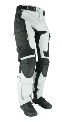 Gryphon Women’s Pacific Coast 2 grey and black adventure motorcycle pants with airflow panels and reinforced knees, front view.