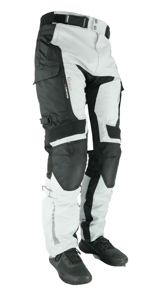 Gryphon Women’s Pacific Coast 2 grey and black adventure motorcycle pants with airflow panels and reinforced knees, front view.