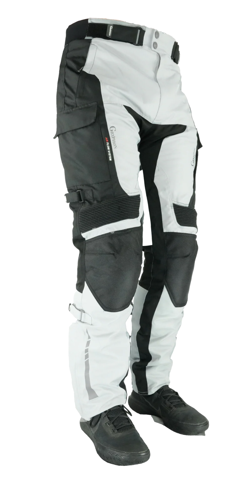 Gryphon Women’s Pacific Coast 2 grey and black adventure motorcycle pants with airflow panels and reinforced knees, front view.