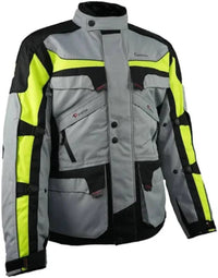Gryphon Women’s Pyrenees grey, black and hi-viz yellow waterproof touring motorcycle jacket with multiple cargo pockets, front view.