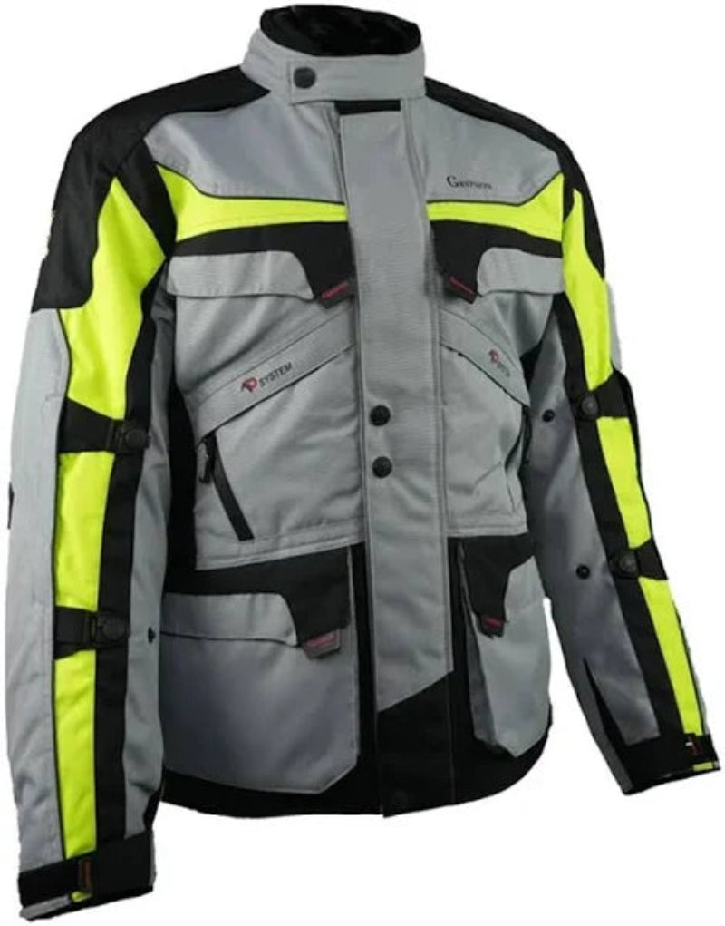 Gryphon Women’s Pyrenees grey, black and hi-viz yellow waterproof touring motorcycle jacket with multiple cargo pockets, front view.