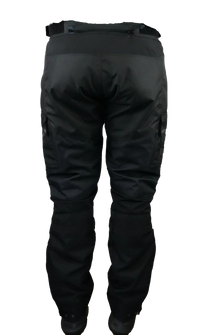 Rear view of Gryphon Single Track Waterproof Motorcycle Pants in black. These adventure motorcycle pants feature a durable waterproof textile shell, adjustable waist tabs, rear zippered storage pocket, articulated leg construction, reinforced seat and knee areas, adjustable lower leg closures, and a streamlined fit designed for touring, adventure, and dual-sport riding in all weather conditions.