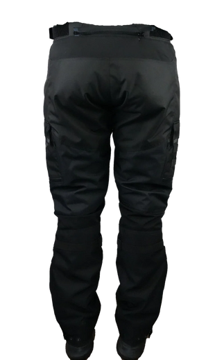 Rear view of Gryphon Single Track Waterproof Motorcycle Pants in black. These adventure motorcycle pants feature a durable waterproof textile shell, adjustable waist tabs, rear zippered storage pocket, articulated leg construction, reinforced seat and knee areas, adjustable lower leg closures, and a streamlined fit designed for touring, adventure, and dual-sport riding in all weather conditions.