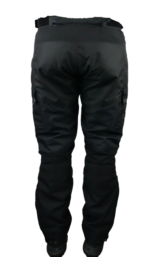 Rear view of Gryphon Single Track Waterproof Motorcycle Pants in black. These adventure motorcycle pants feature a durable waterproof textile shell, adjustable waist tabs, rear zippered storage pocket, articulated leg construction, reinforced seat and knee areas, adjustable lower leg closures, and a streamlined fit designed for touring, adventure, and dual-sport riding in all weather conditions.