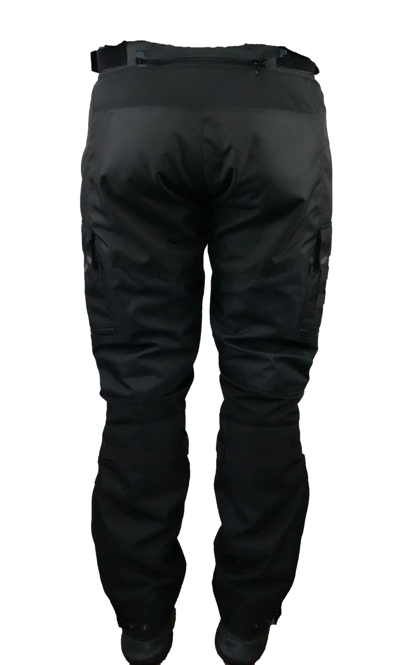 Rear view of Gryphon Single Track Waterproof Motorcycle Pants in black. These adventure motorcycle pants feature a durable waterproof textile shell, adjustable waist tabs, rear zippered storage pocket, articulated leg construction, reinforced seat and knee areas, adjustable lower leg closures, and a streamlined fit designed for touring, adventure, and dual-sport riding in all weather conditions.