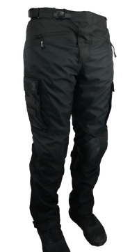 Front view of Gryphon Single Track Waterproof Motorcycle Pants in black. These adventure riding pants feature a durable textile construction, adjustable waist buckle, zippered front pocket, cargo pocket with Gryphon logo, reinforced knee panels with CE armour pockets, and a slim articulated fit designed for touring, dual-sport, and off-road motorcycle riding.