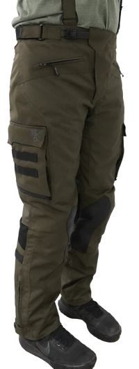 Side view of Gryphon Single Track Waterproof Motorcycle Pants in olive green. These premium adventure riding pants feature a durable waterproof textile shell, removable suspenders, adjustable waist buckle, large cargo pocket with MOLLE webbing and Gryphon logo, articulated knees with CE armour pockets, reinforced inner knee panels for improved grip, and adjustable lower leg closures. Designed for touring, adventure, and off-road motorcycle riding with all-day comfort, protection, and weather resistance.