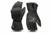 A pair of Gryphon Tofino cold weather waterproof motorcycle gloves with black leather palms and a white adjustable Velcro strap.