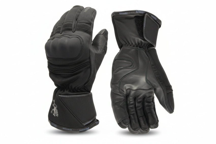 A pair of Gryphon Tofino cold weather waterproof motorcycle gloves with black leather palms and a white adjustable Velcro strap.