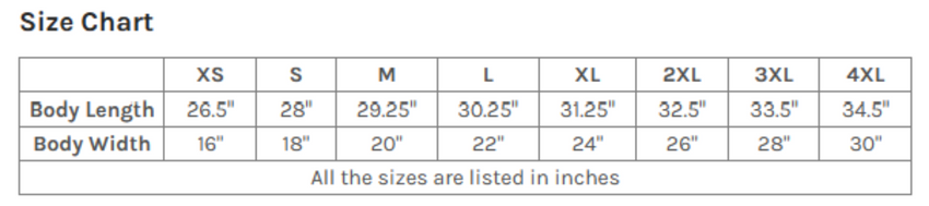 Size chart for clothing with body length and width measurements in inches.