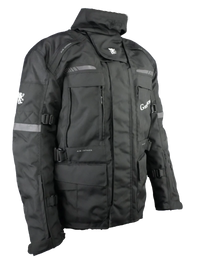 Black winter jacket with multiple pockets and zippers on a white background