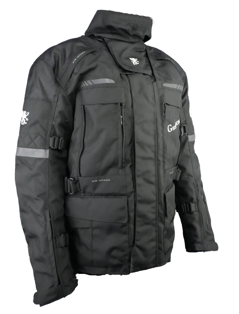 Black winter jacket with multiple pockets and zippers on a white background