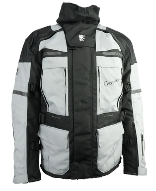 Black and gray jacket with visible branding on a white background