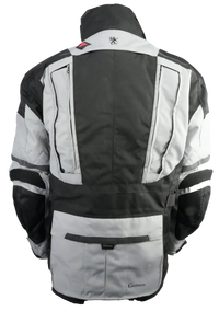 Back view of a black and gray motorcycle jacket with brand logo on a white background