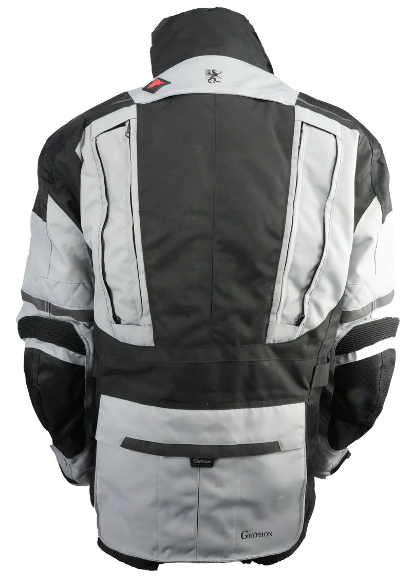 Back view of a black and gray motorcycle jacket with brand logo on a white background
