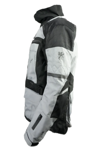 Gray and black jacket with reflective stripes on a white background