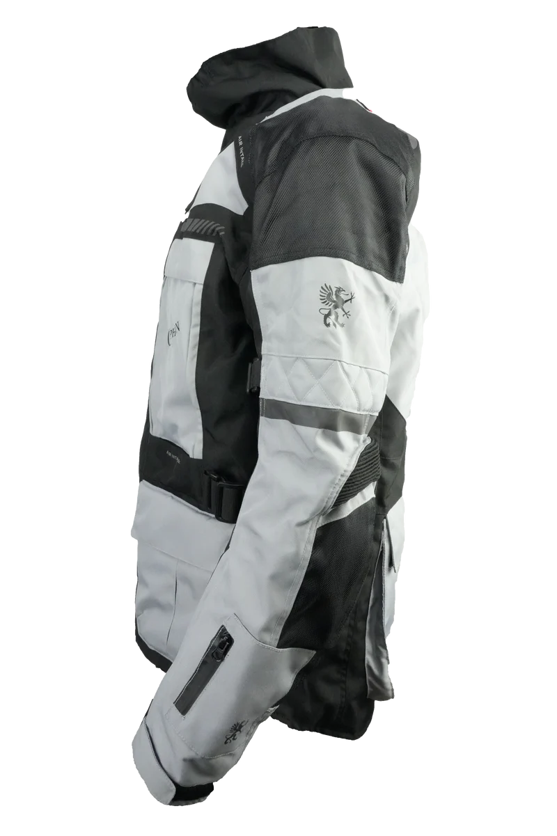 Gray and black jacket with reflective stripes on a white background